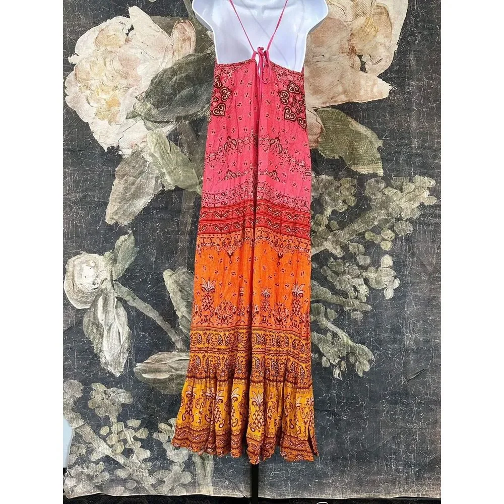 New Farm Rio Anthropologie  Maxi Dress Pink Paisley Sunset Size Large Cover Up - Picture 6 of 10